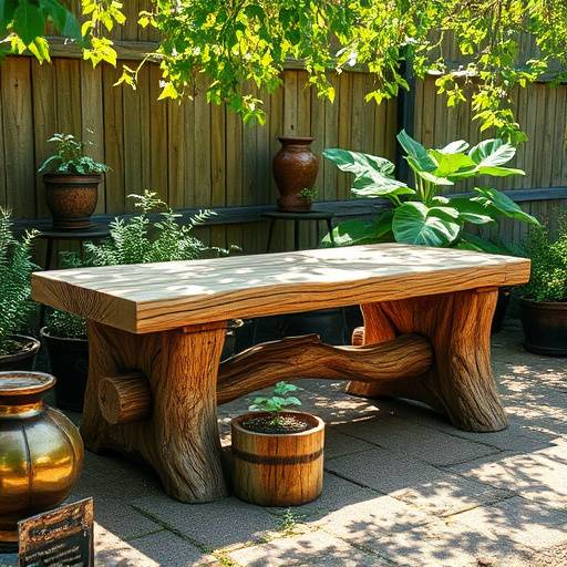 Banco de jardim r√ºstico feito de tronco de √°rvore com acabamento natural.