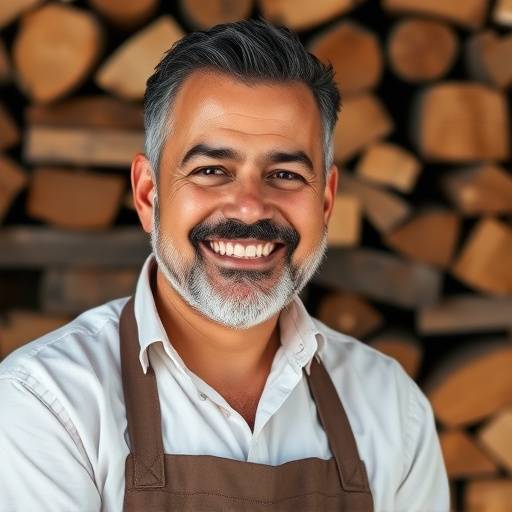 Foto de Ant√¥nio Pereira, fundador do Ateli√™ Criativo Madeira Viva, sorrindo em frente a uma pilha de madeira.