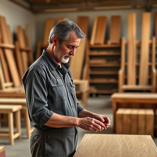 Foto de Pedro Oliveira, gerente de produ√§√£o do Ateli√™ Criativo Madeira Viva, inspecionando um m√≥vel em fase de acabamento.